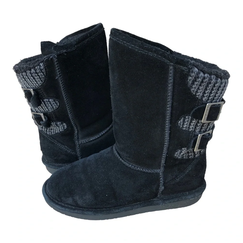 Bear Paw Women's Suede Knit Sheepskin Mid Calf Boots Boshie Size 4 Youth Black.